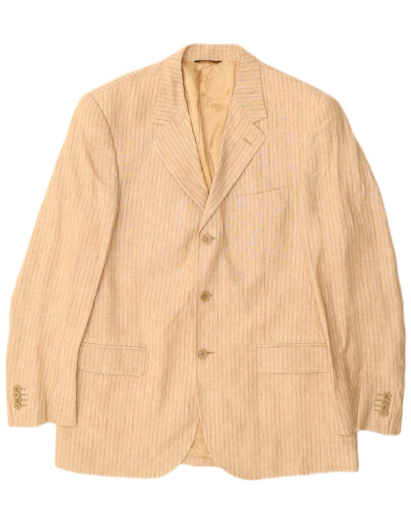vintage Homme 3 Bouton Blazer Veste IT 52 XL Beige Pinstripe Lin