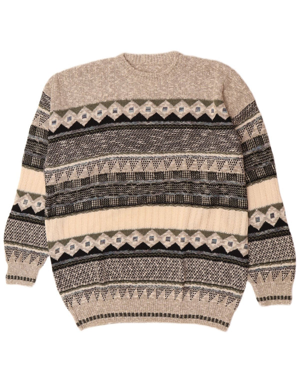 vintage Mens Crew Neck Jumper Pull IT 54/56 XL Gris Géométrique Coton