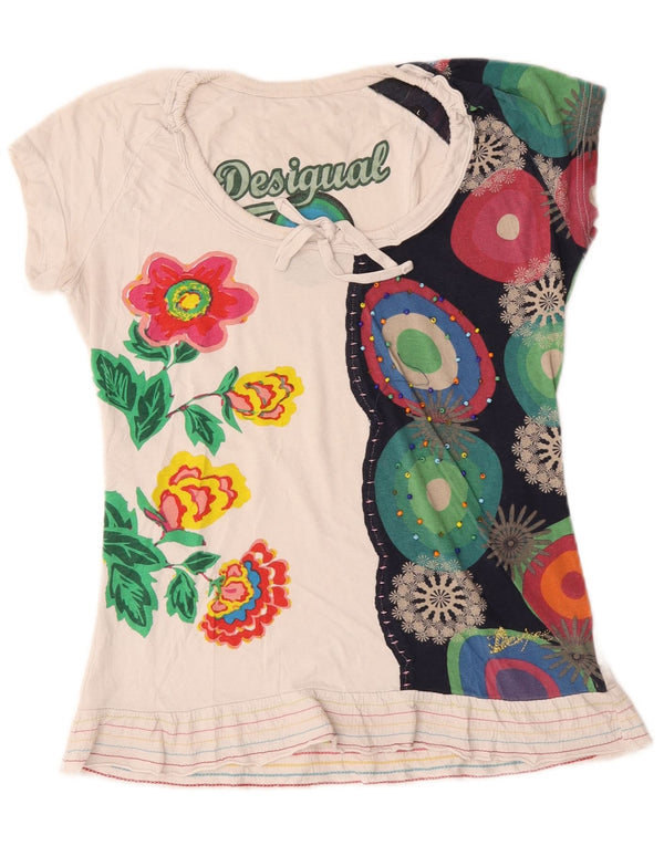 Desigual Femmes Graphique T-Shirt Top UK 14 Grand Blanc Floral Coton
