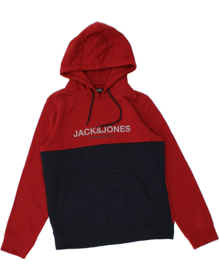 JACK & JONES Mens Graphic Hoodie Jumper Medium Red Colourblock Polyester Vintage Jack & Jones and Second-Hand Jack & Jones from Messina Hembry 
