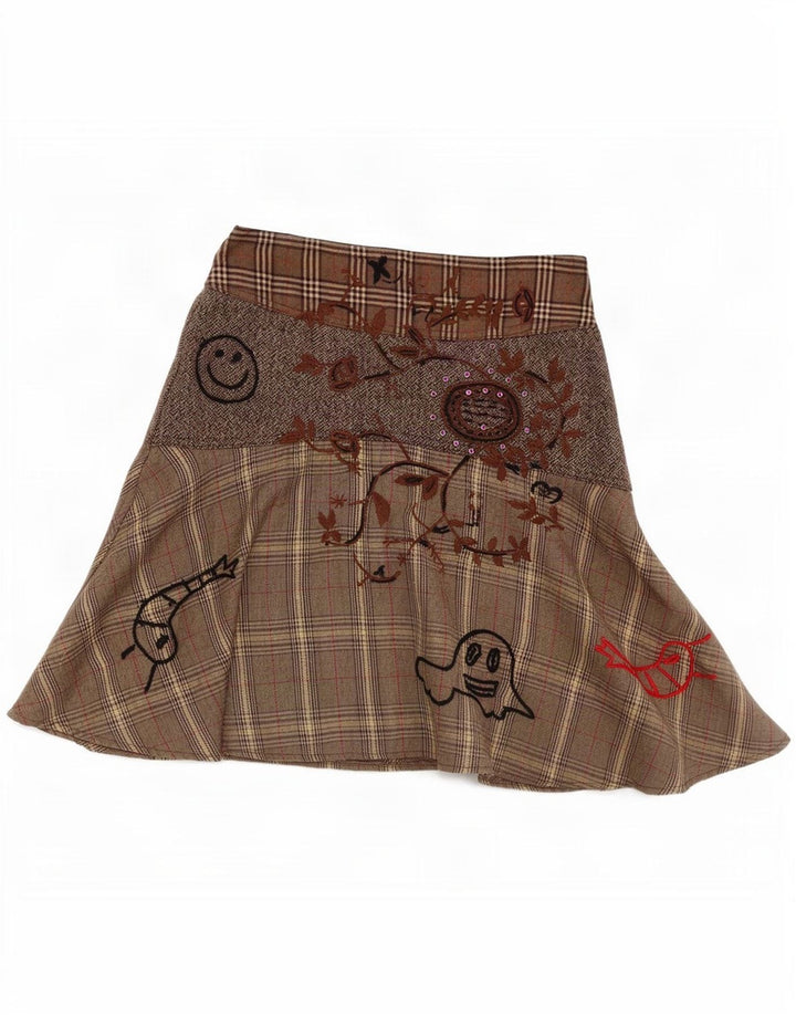 Desigual Jupe trapèze pour femme EU 38 Small W28 Marron à carreaux Polyester