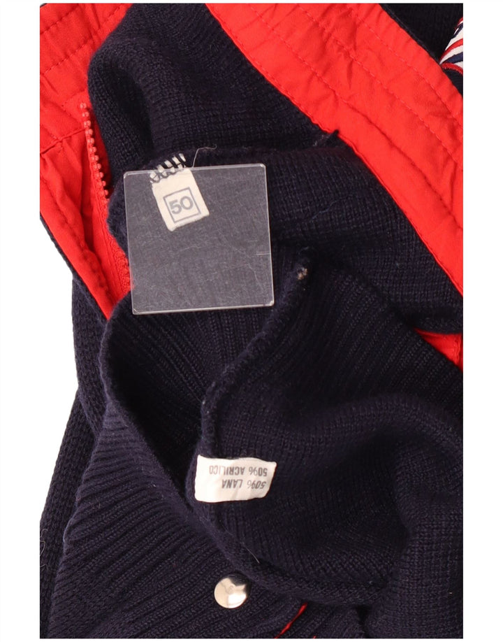 vintage Mens Cardigan Sweater IT 50 Moyen Marine Bleu Colourblock Laine