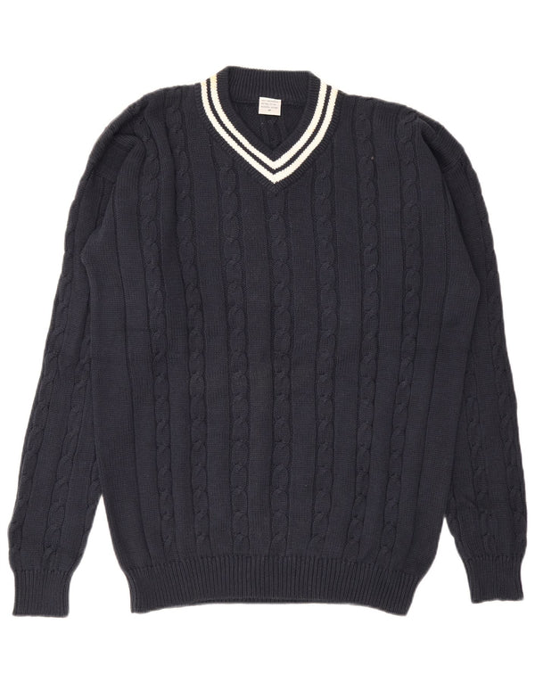 vintage Homme Col V Jumper Pull Moyen Bleu Marine Coton