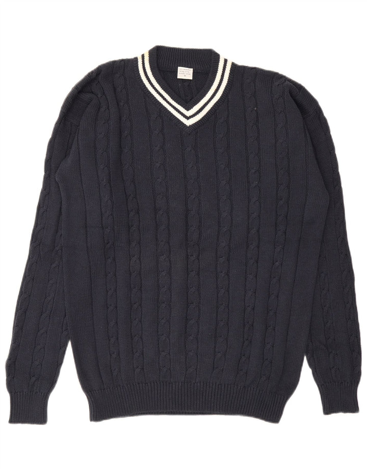 vintage Homme Col V Jumper Pull Moyen Bleu Marine Coton