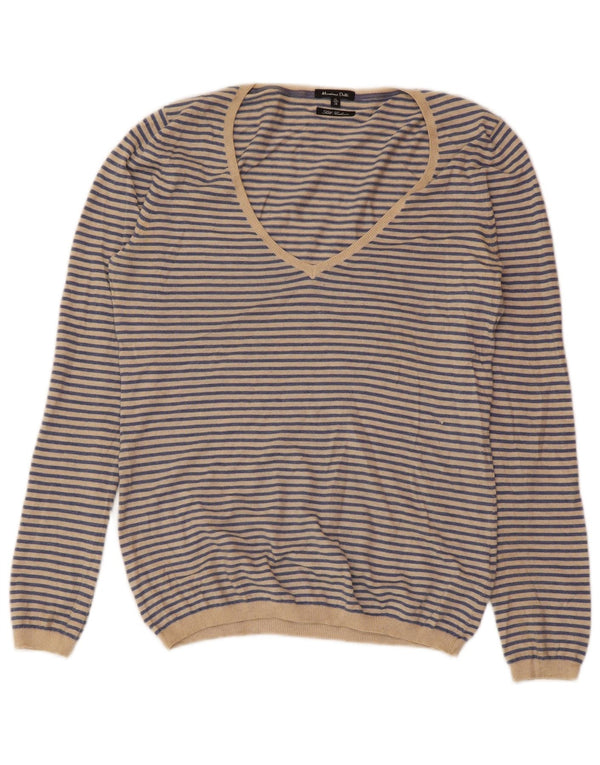 MASSIMO DUTTI Pull col V pour femme UK 18 XL Cachemire rayé bleu