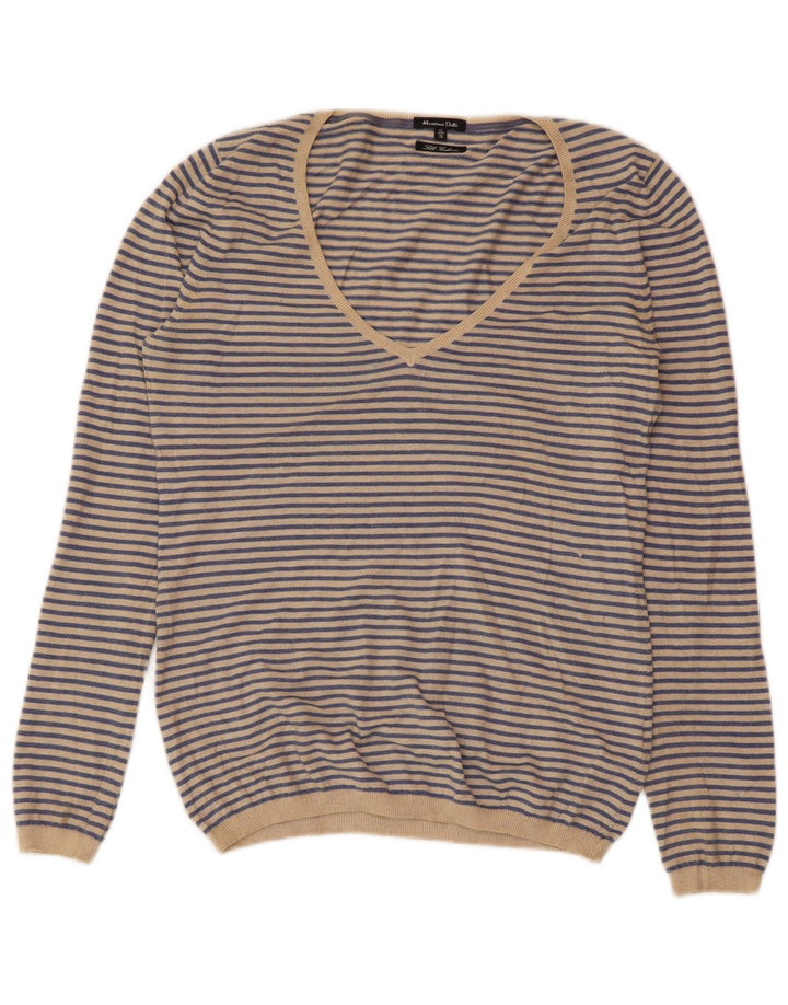 MASSIMO DUTTI Pull col V pour femme UK 18 XL Cachemire rayé bleu