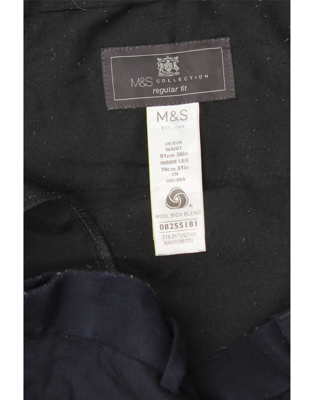 Marks & Spencer Pantalon Chino Coupe Regular Homme W36 L31 Laine Bleu Marine