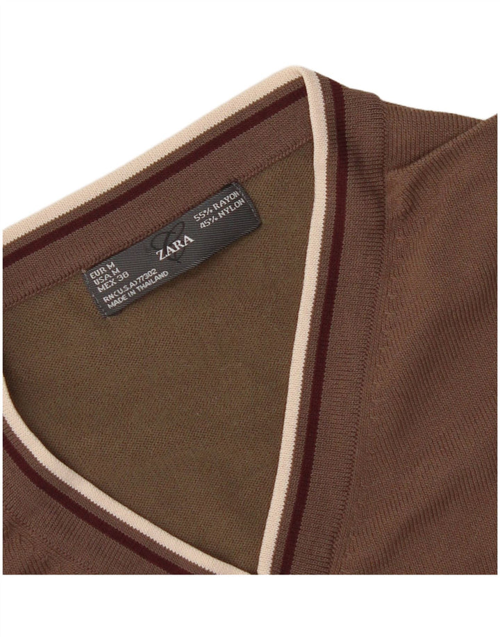 Zara Pull Col V Homme Rayonne Marron Moyen
