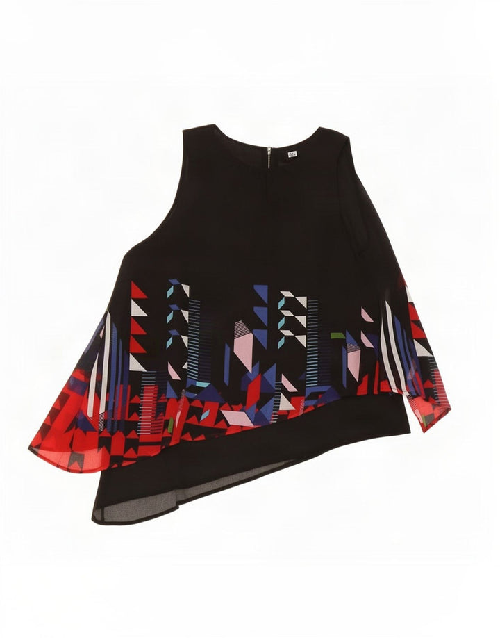 Desigual Femme Blouse Asymétrique Top UK 44 Large Noir Géométrique Polyester