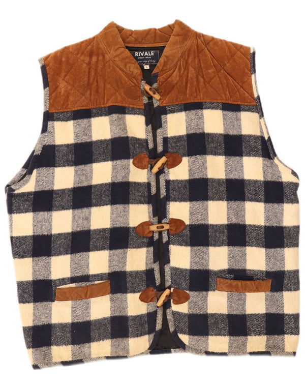 vintage Mens Duffle Gilet UK 40 Grand Bleu Marine Check Coton