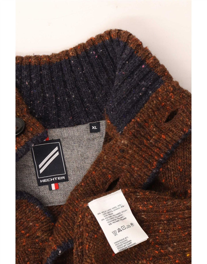 vintage Mens Button Neck Jumper Pull XL Marron Moucheté Laine