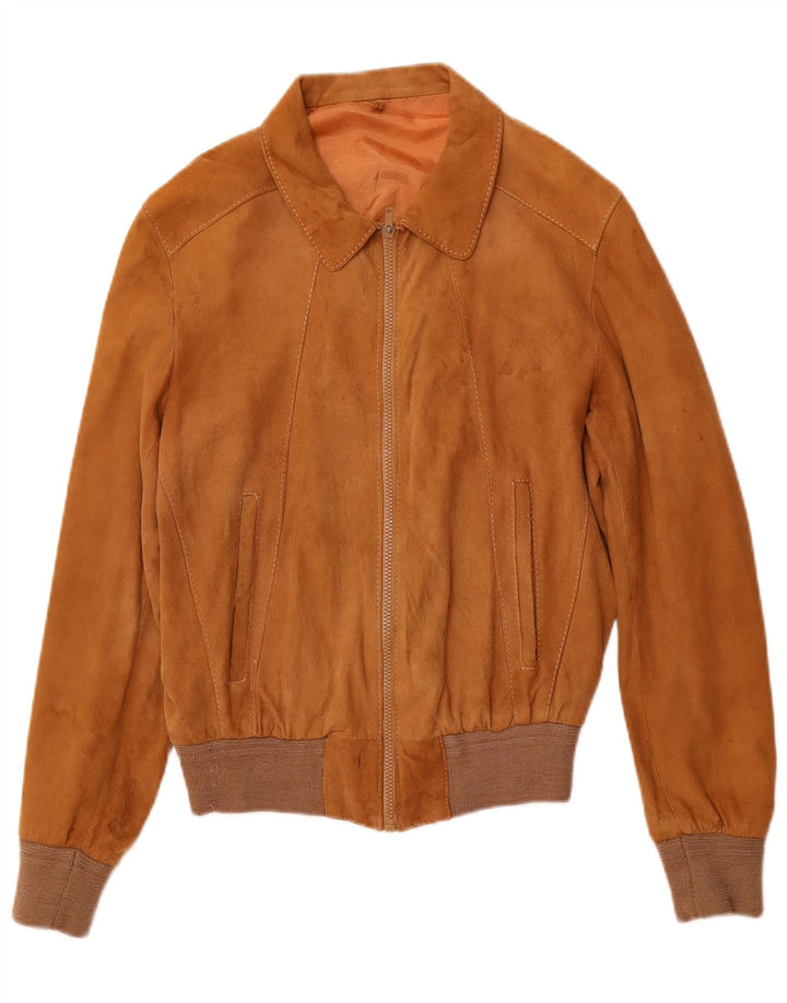 VINTAGE Veste Bomber En Daim Femme IT 46 Grand Cuir Marron