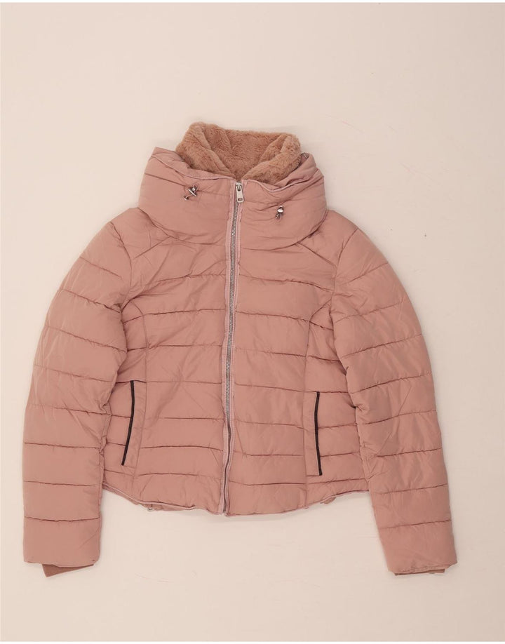 ZARA Veste matelassée à capuche courte pour femme UK 18 XL Rose Polyester