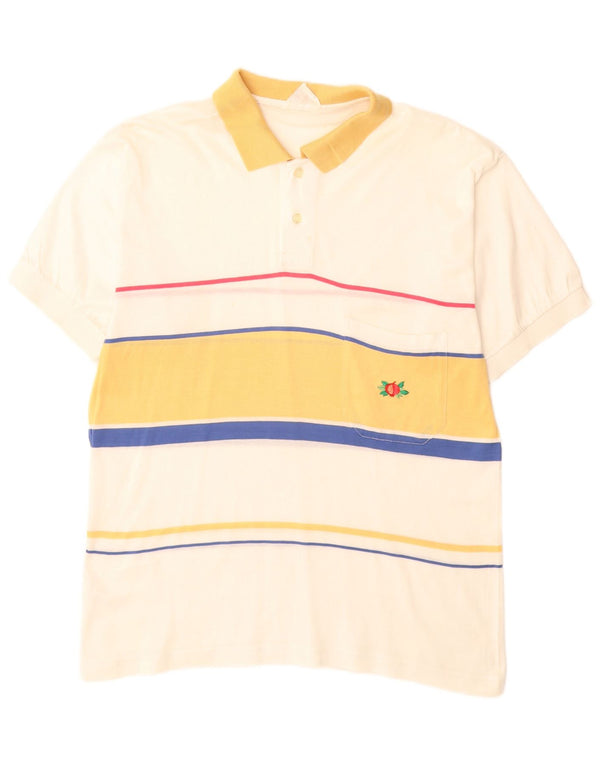 VINTAGE Polo Homme Coton Rayé Blanc Cassé Moyen