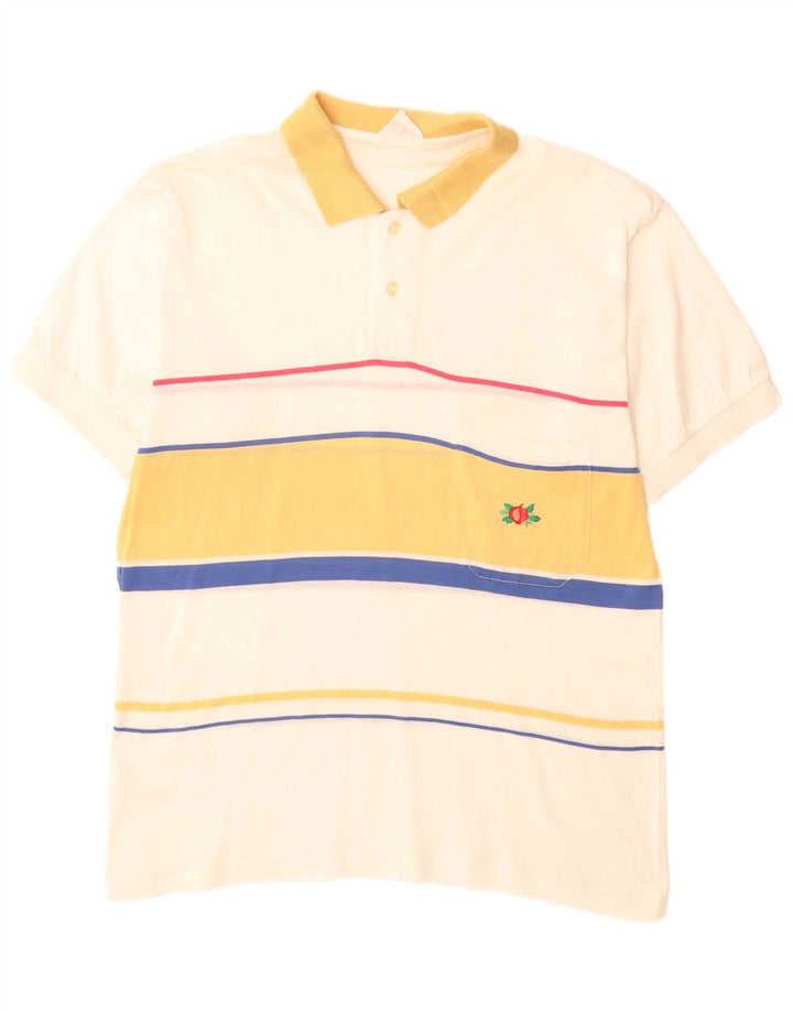 VINTAGE Polo Homme Coton Rayé Blanc Cassé Moyen