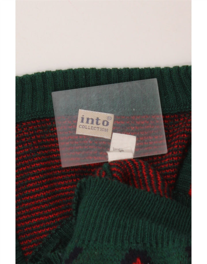 VINTAGE Pull col V homme vert moyen Argyle/Diamond laine