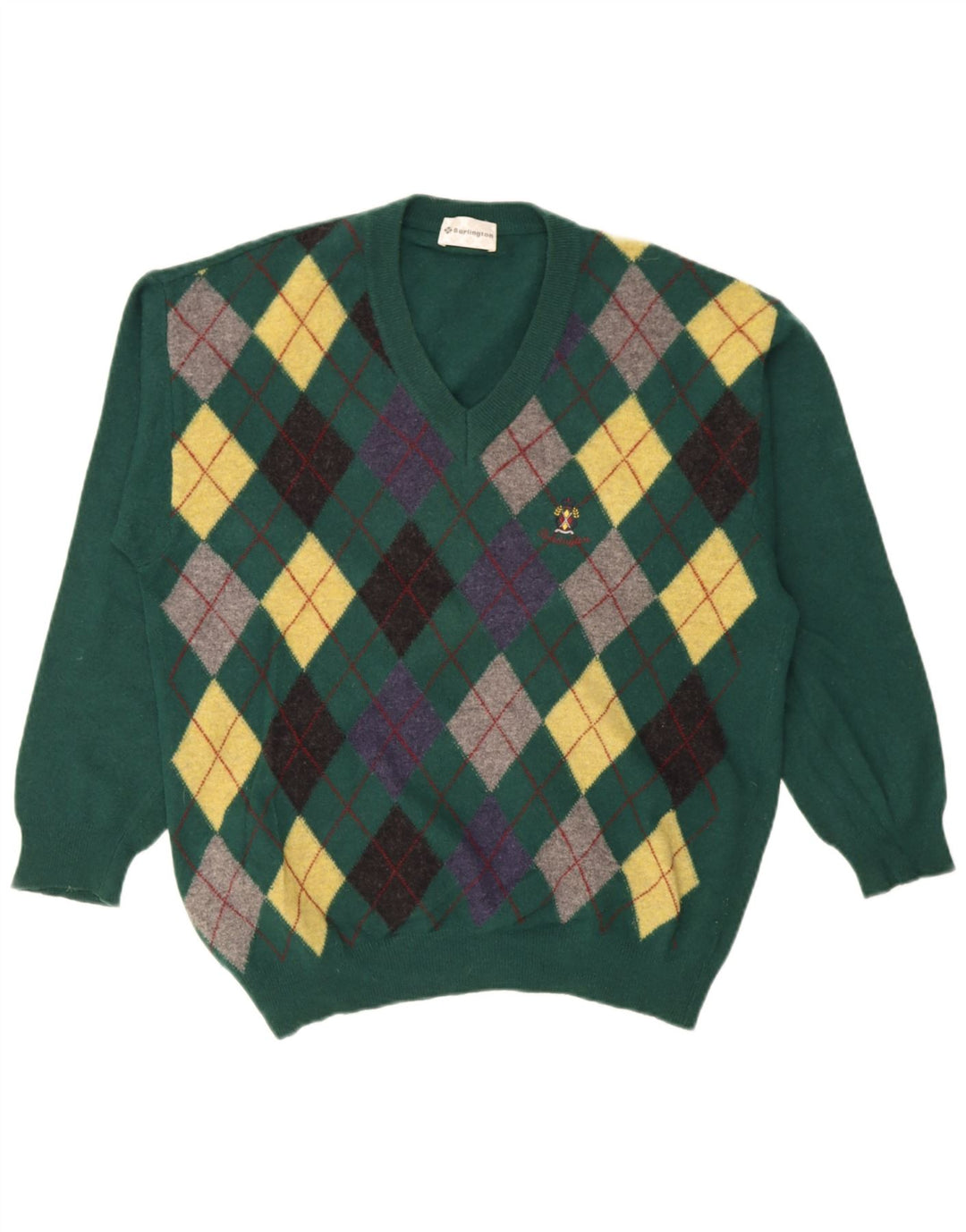 Burlington Pull col V pour homme IT 52 en laine à losanges/diamants verts