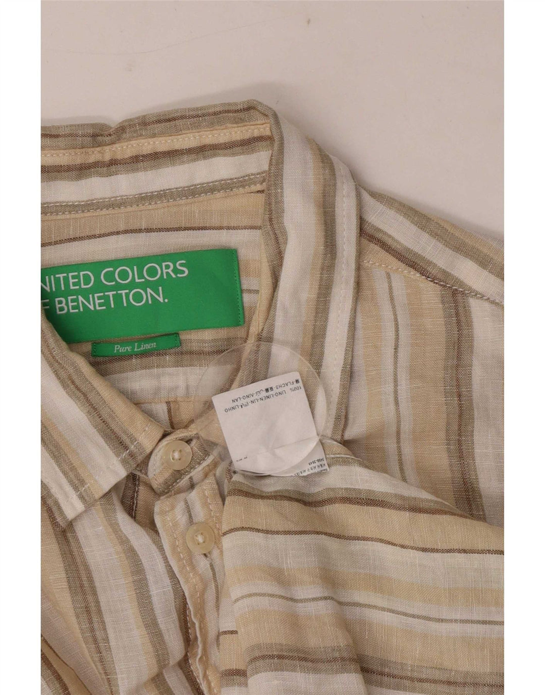 Benetton Chemise En Lin Rayé Beige Moyen Homme