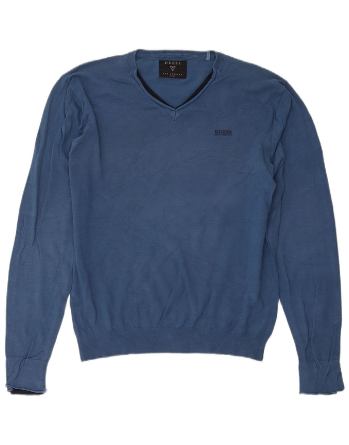 Guess Pull col V pour homme en coton bleu Taille L