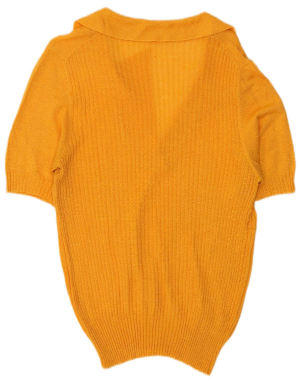 vintage Femmes Manches Courtes Polo Neck Jumper Pull UK 10 Petit Jaune