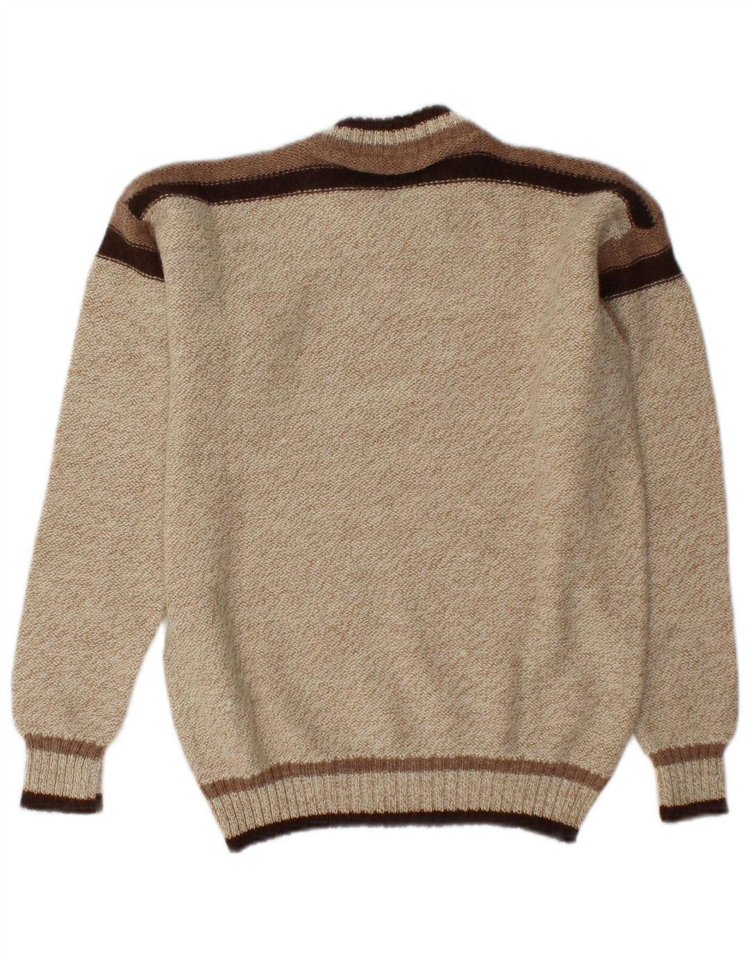 vintage Mens Crew Neck Jumper Pull Moyen Beige Colorblock Acrylique