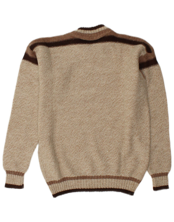 vintage Mens Crew Neck Jumper Pull Moyen Beige Colorblock Acrylique