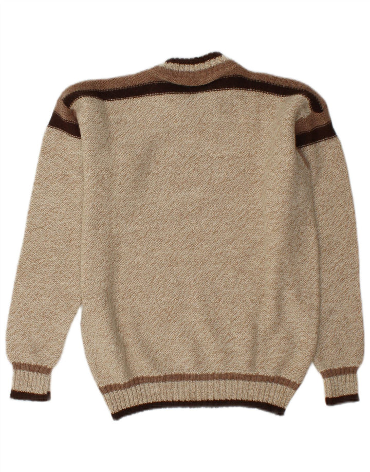 vintage Mens Crew Neck Jumper Pull Moyen Beige Colorblock Acrylique