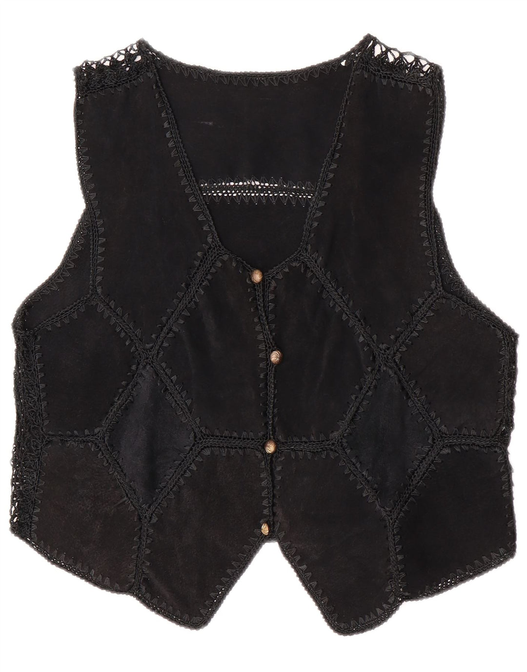 vintage Womens Crop Suede Gilet UK 14 Moyen Noir Patchwork