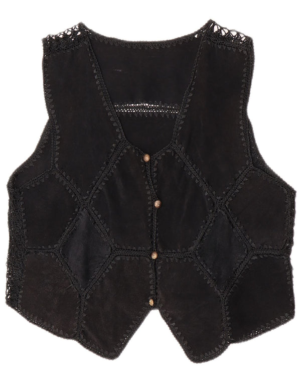 vintage Womens Crop Suede Gilet UK 14 Moyen Noir Patchwork