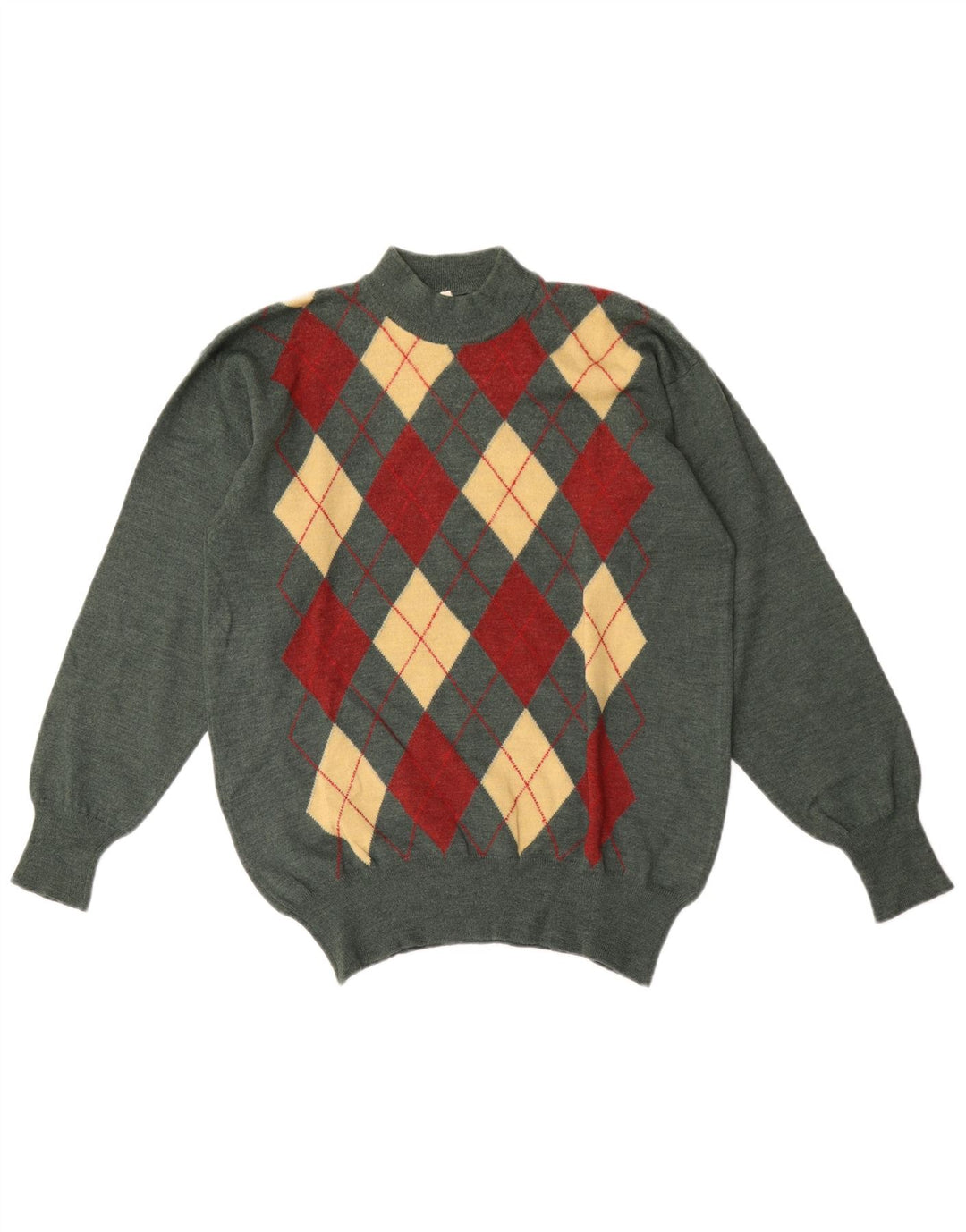 vintage Mens Turtle Neck Jumper Pull IT 50 Moyen Vert Argyle/Diamant