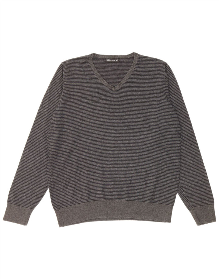 MARKS & SPENCER Pull Homme Autograph Col V Gris Moyen Rayures Fines