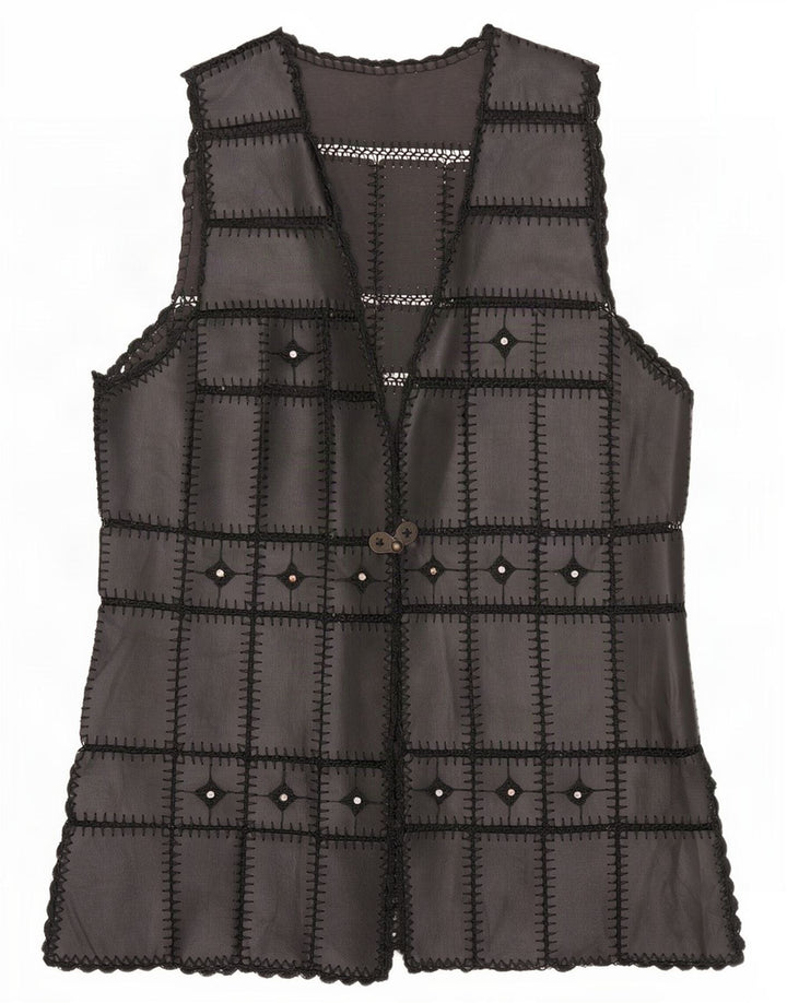 gilet en cuir femme vintage UK 16 Grand Noir