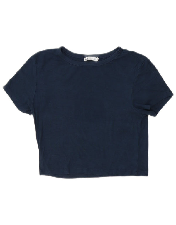 Zara Womens Crop T-Shirt Top UK 14 Large Bleu Marine Viscose