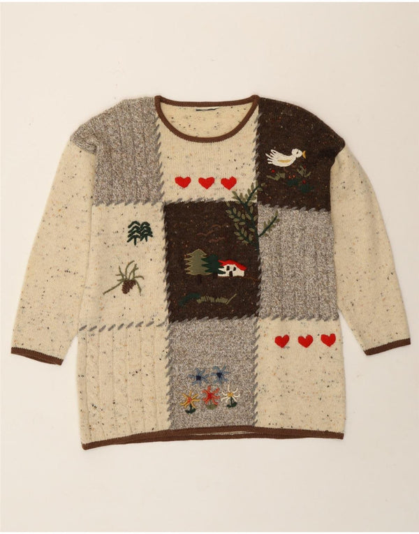 vintage Womens Crew Neck Jumper Sweater UK 16 Grand Beige Patchwork Nouveauté