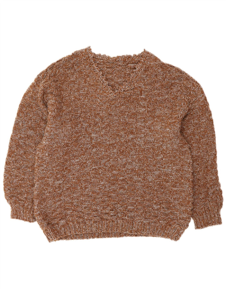 VINTAGE Femme Col V Pull Pull UK 16 Grand Marron Moucheté