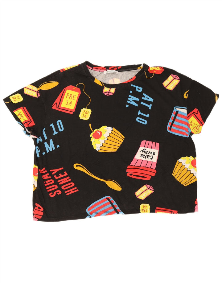 Zara Womens Crop Oversize Graphic T-Shirt Top UK 14 Noir Moyen