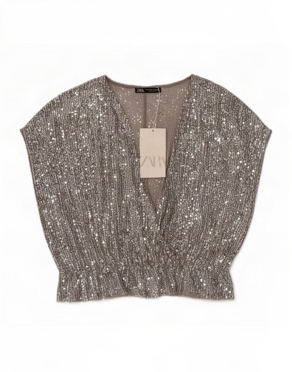 Zara Femme Chemisier Top UK 12 Moyen Argent Polyester