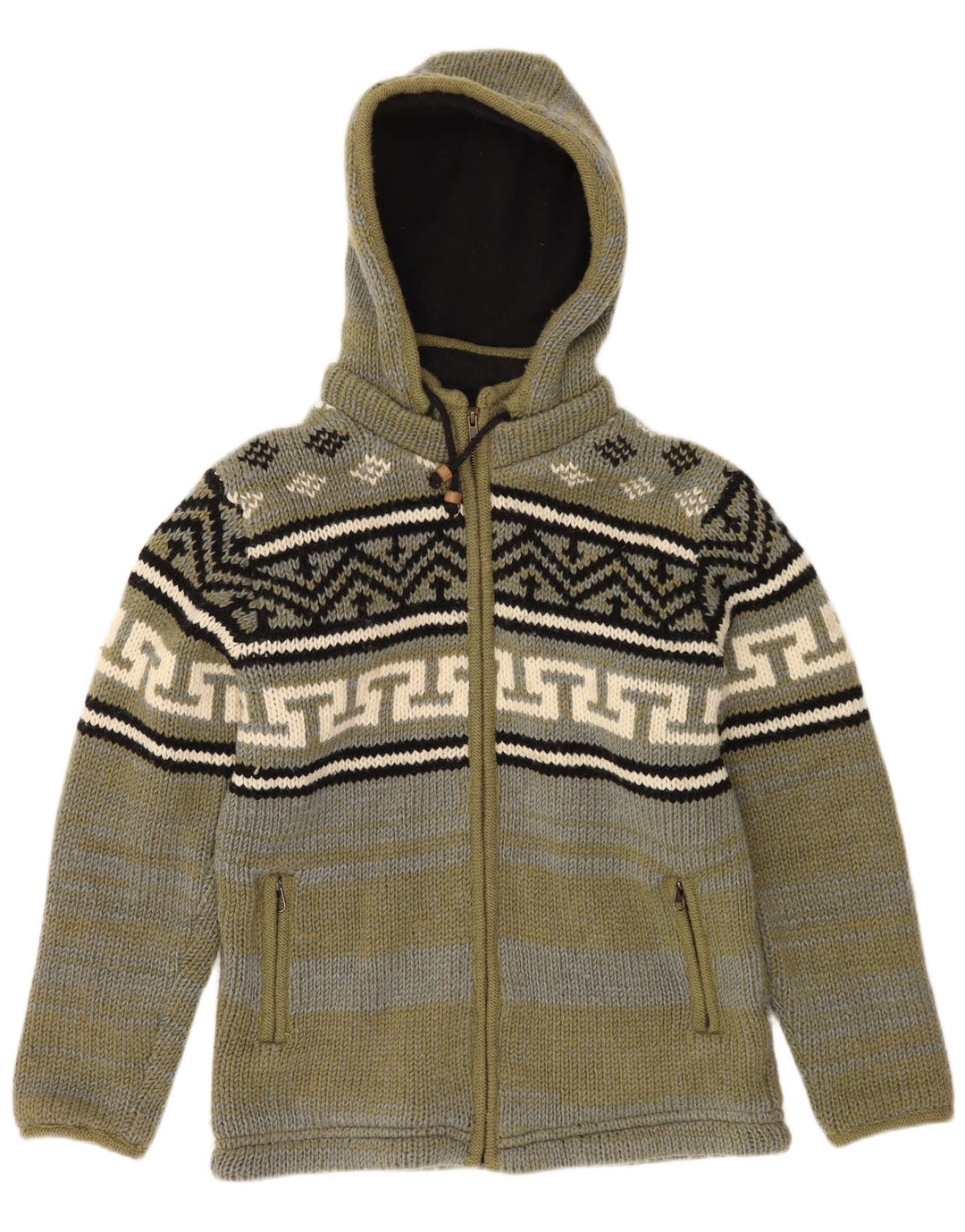 VINTAGE Cardigan à capuche pour homme en laine Fair Isle kaki moyen