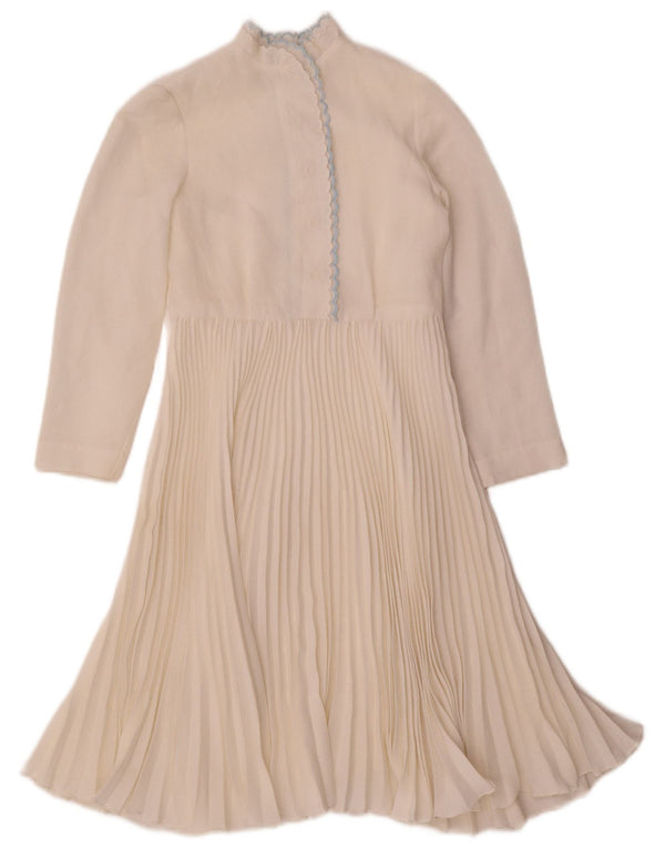 vintage Femmes 3/4 Manches A-Line Robe UK 4 XS Beige Check Polyester