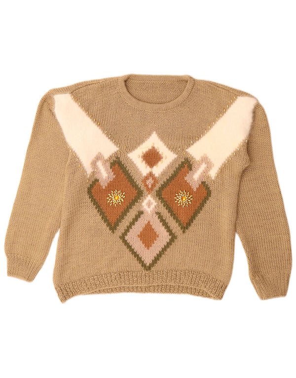 vintage Womens Crew Neck Jumper Pull UK 14 Moyen Beige Géométrique