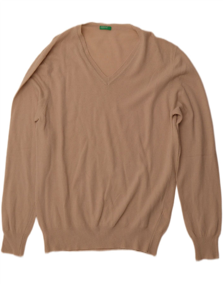 BENETTON Pull Col V Homme XL Laine Beige