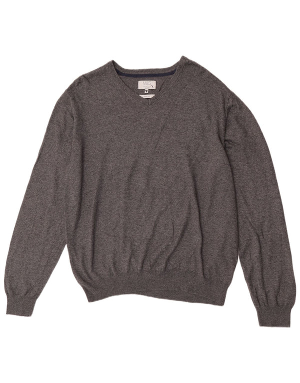 Marks & Spencer Pull coupe classique à col en V pour homme XL Gris Coton