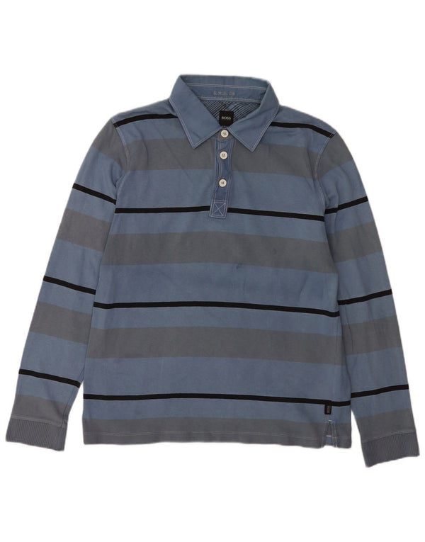 Hugo Boss Polo à manches longues XL en coton rayé bleu