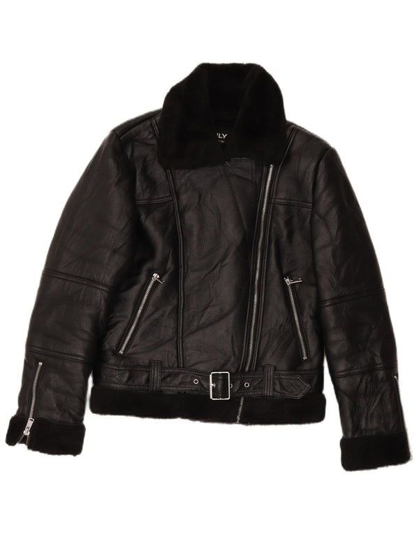 VINTAGE Femmes Sherpa Faux Cuir Biker Veste UK 10 Petit Noir