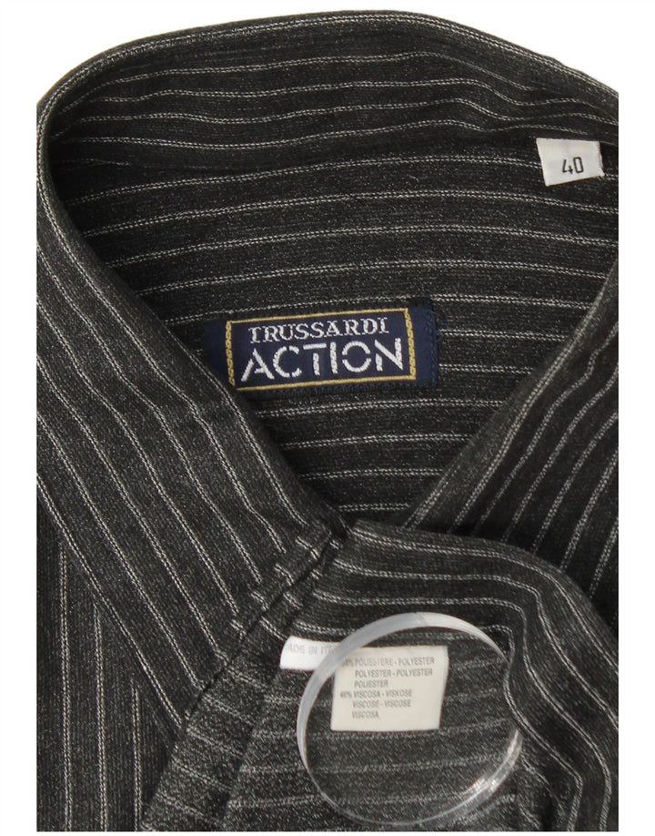 Trussardi Chemise Homme Taille 40 Moyen Noir Fines Rayures Polyester