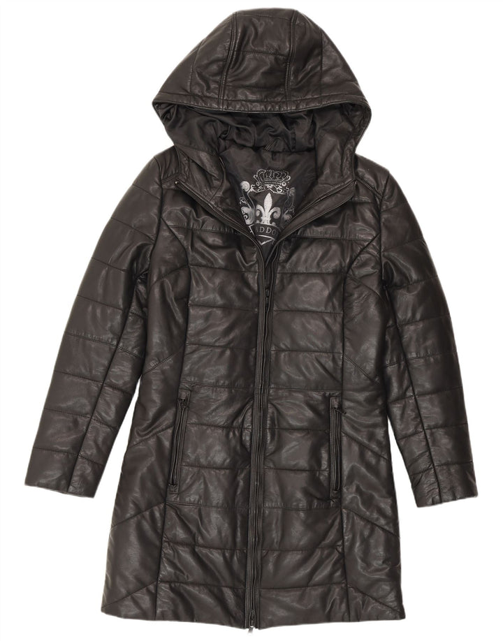 Maddox Manteau rembourré en cuir à capuche pour femme UK 12 Cuir noir moyen