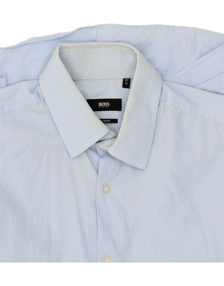 HUGO BOSS Mens Regular Fit Short Sleeve Shirt Size 41 16 Large Blue Check Vintage Hugo Boss and Second-Hand Hugo Boss from Messina Hembry 
