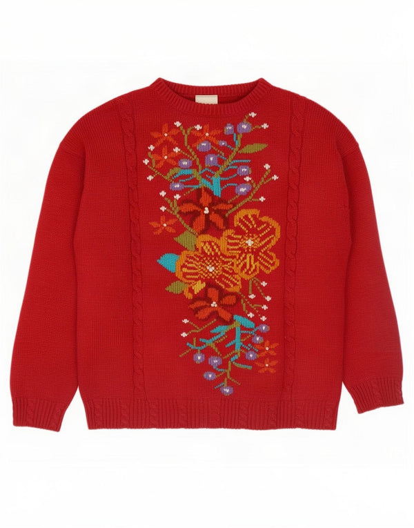 George Pull à col rond pour femme UK 12/14 Acrylique floral rouge moyen