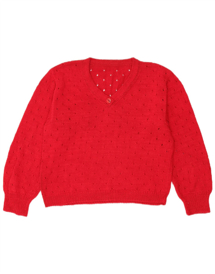vintage Femmes Crop V-Col Jumper Pull UK 12 Rouge Moyen