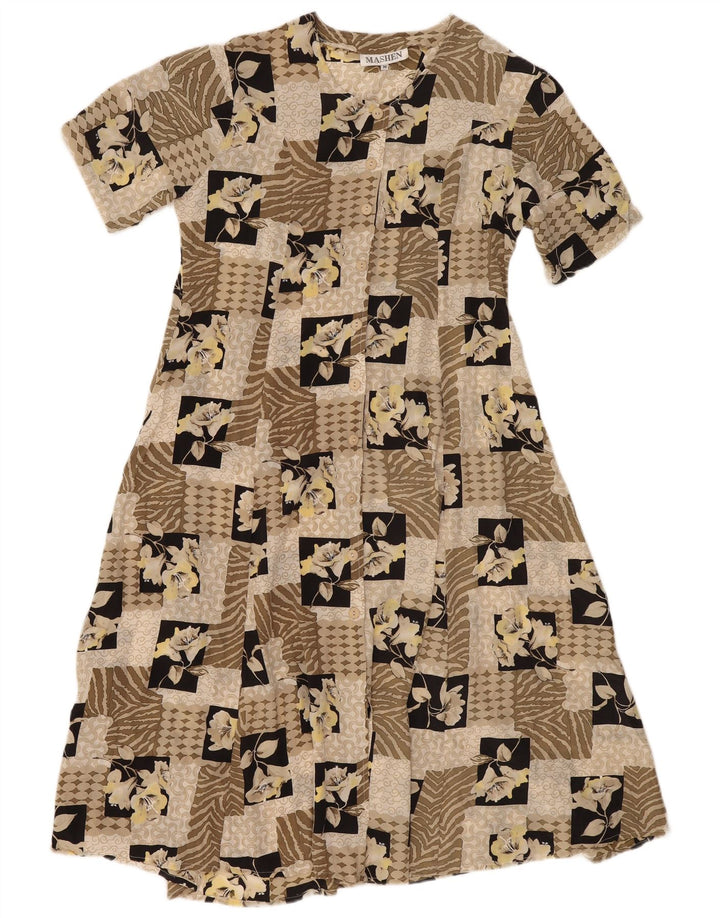 Robe de thé femme vintage UK 14 Moyen Beige Patchwork Soie